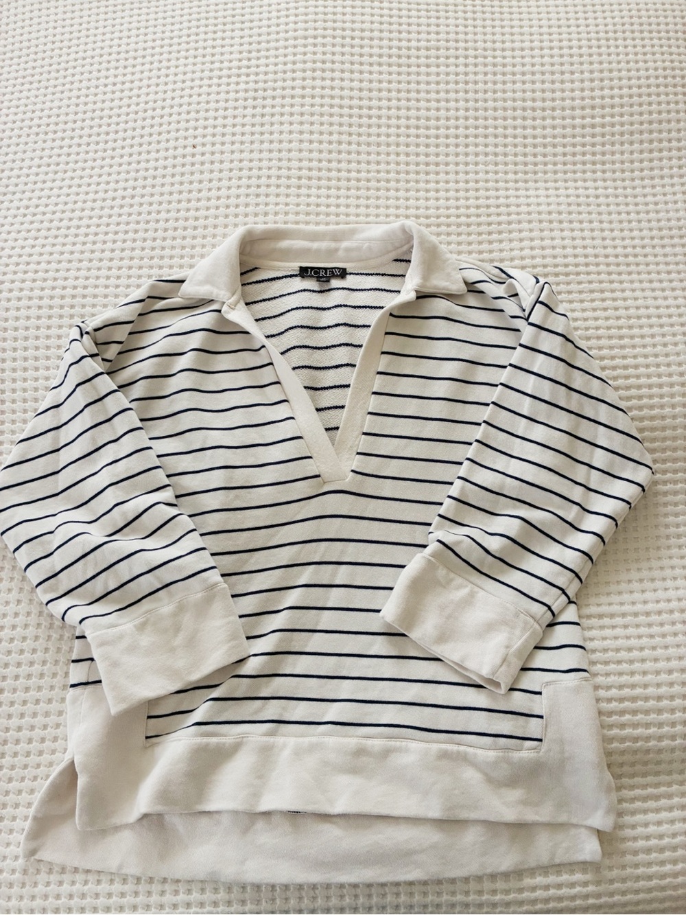 J. Crew Cream and Navy Striped Polo-Style Long Sleeve Shirt
